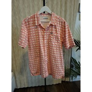 Columbia‎ PFG Mens Small Orange Gingham Fish Print Short Sleeve Fishing Shirt